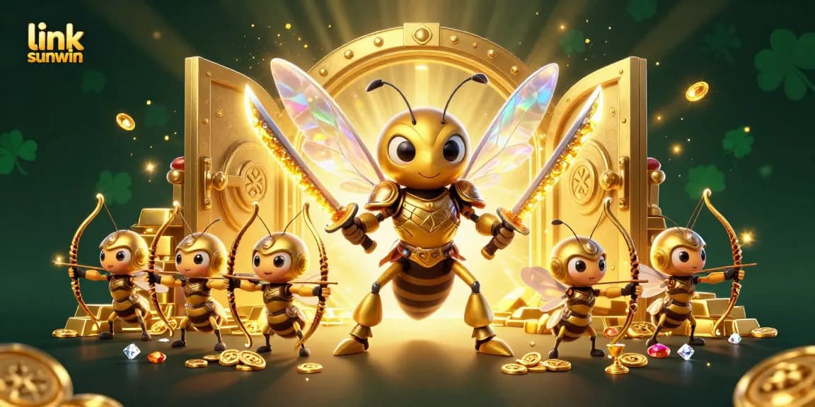 Engage in thrilling gameplay at link sunwin with exciting golden hornet samurai characters amidst a treasure-filled casino scene.