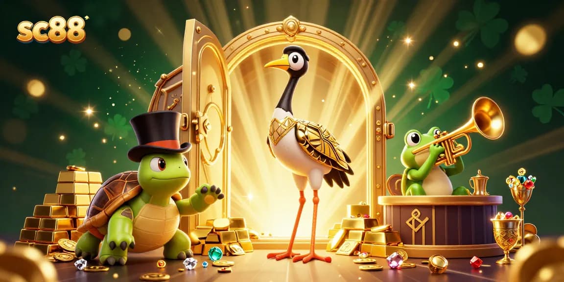 Engage with sc88's vibrant world of virtual casinos featuring a cartoon crane, turtle, and frog.