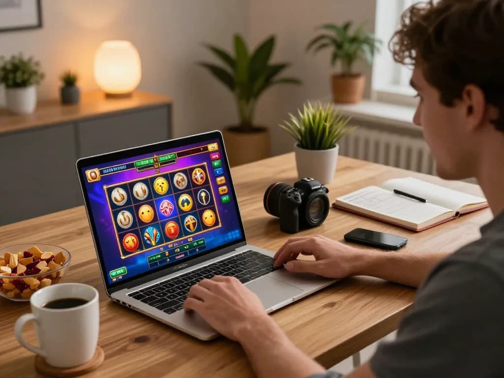 Engaged player celebrates a win while playing raja slot online at home, creating a vibrant gaming atmosphere.