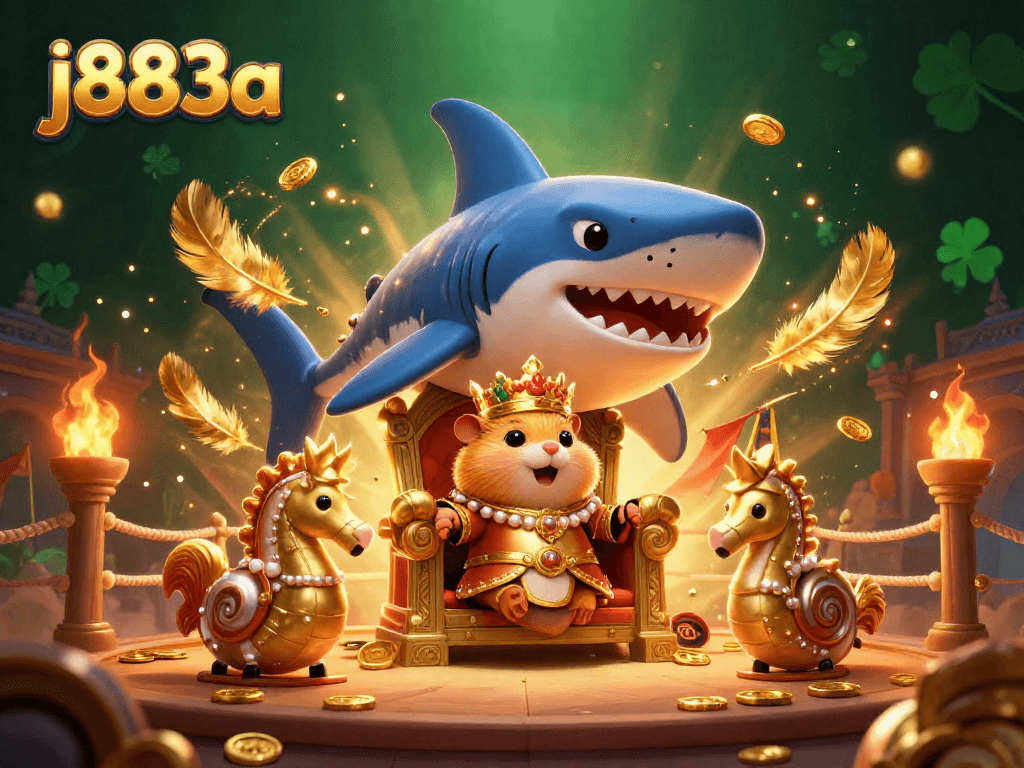 Engage with j883a's vibrant casino scene featuring a golden hamster king amidst rich game elements.