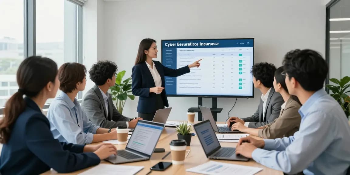 Team discussing cyber essentials insurance in a modern office setting with laptops and compliance documents.