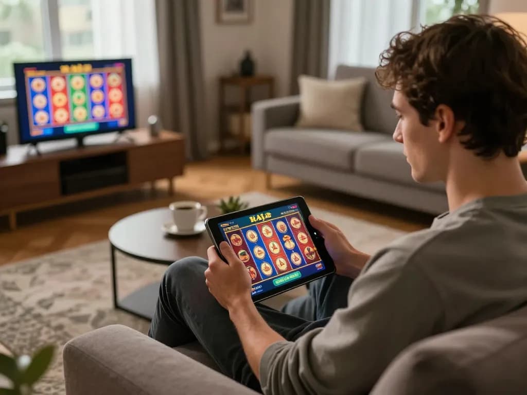 Pemain yang terlibat menikmati permainan raja slot di tablet dalam suasana ruang tamu yang nyaman, menampilkan suasana permainan yang santai.