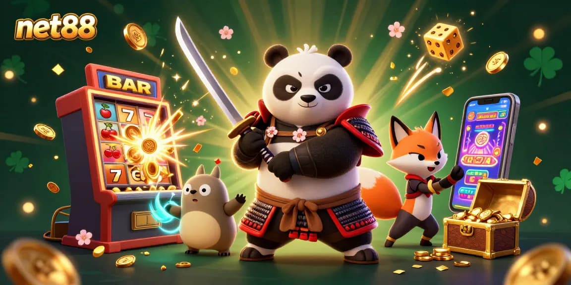 Experience thrilling gameplay at net88 with samurai panda and ninja fox amidst vibrant casino elements.