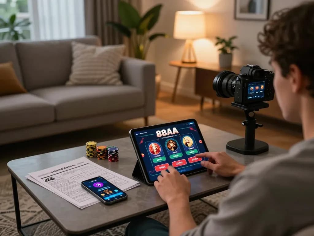 Engaging in online gaming at trang chủ 88aa with a tablet, showcasing a modern living space