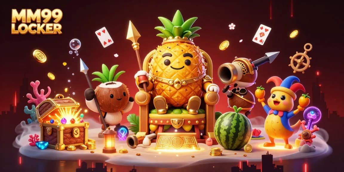 Engage with the vibrant MM99 LOCKER casino scene featuring a golden pineapple king and exciting slot elements.