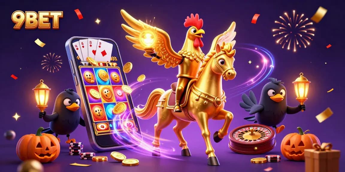 9BET brings excitement to life with vibrant casino-themed 3D digital art illustration.