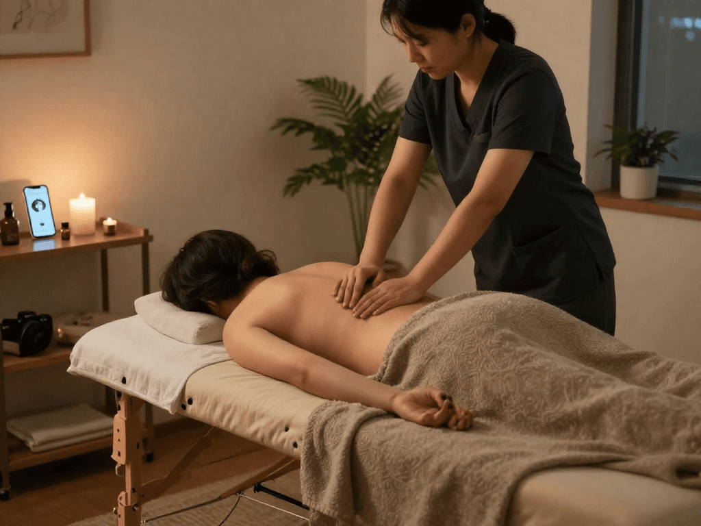 Relaxing 시흥출장마사지 session with a professional therapist in a serene home setting.