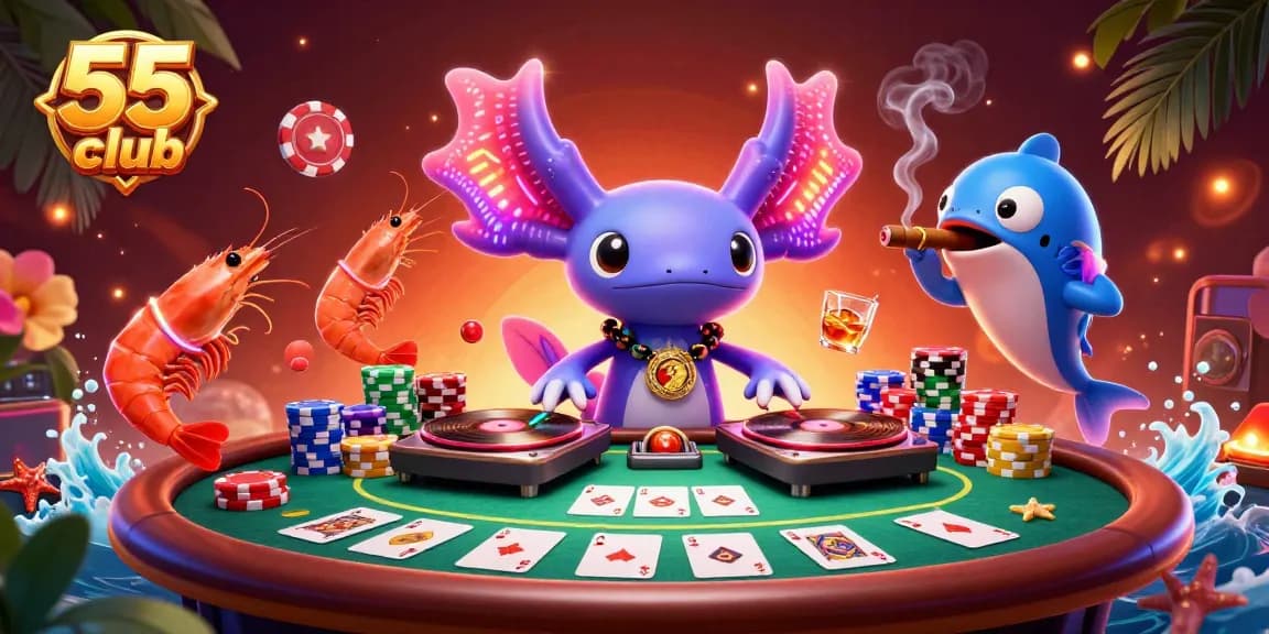 Experience the thrills of the 55 club with vibrant casino-themed 3D art featuring poker action and party elements.