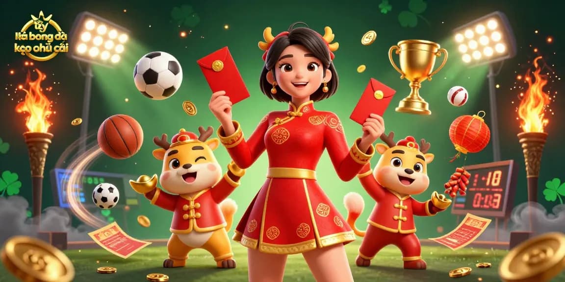 Experience the excitement of tỷ lệ bóng đá kèo nhà cái with an illustrative scene of festive Asian elements and dynamic sports action.