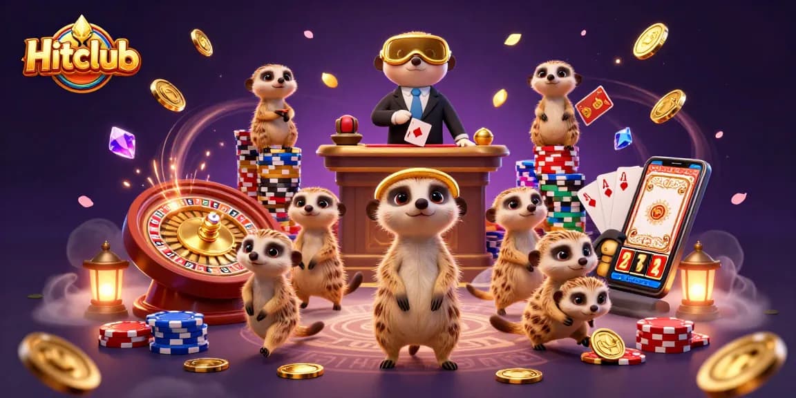 Hitclub's lively meerkat casino scene showcases card dealers, a pit boss, and festive gaming elements.