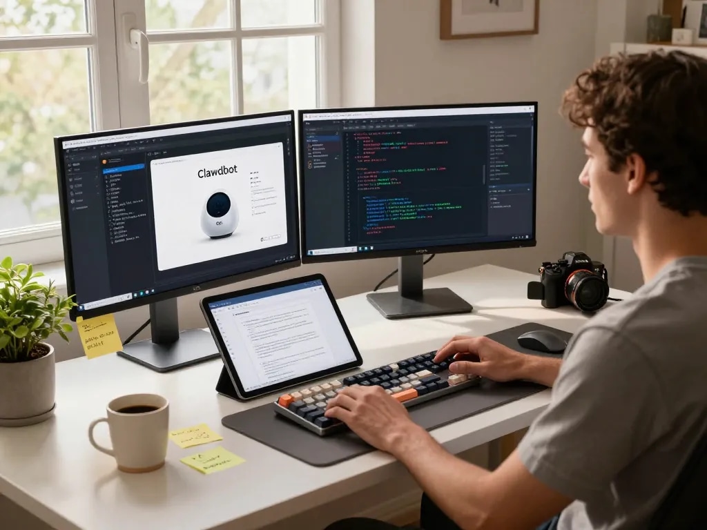 Developer installing Clawdbot AI assistant in a modern home office setup with multiple screens and cozy decor.