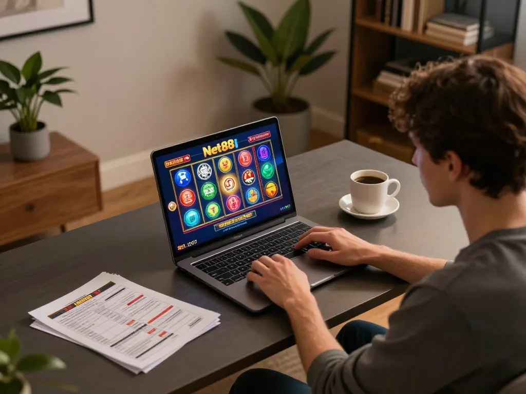 Engage in online casino gaming with net88 on a modern laptop, showcasing strategic play.