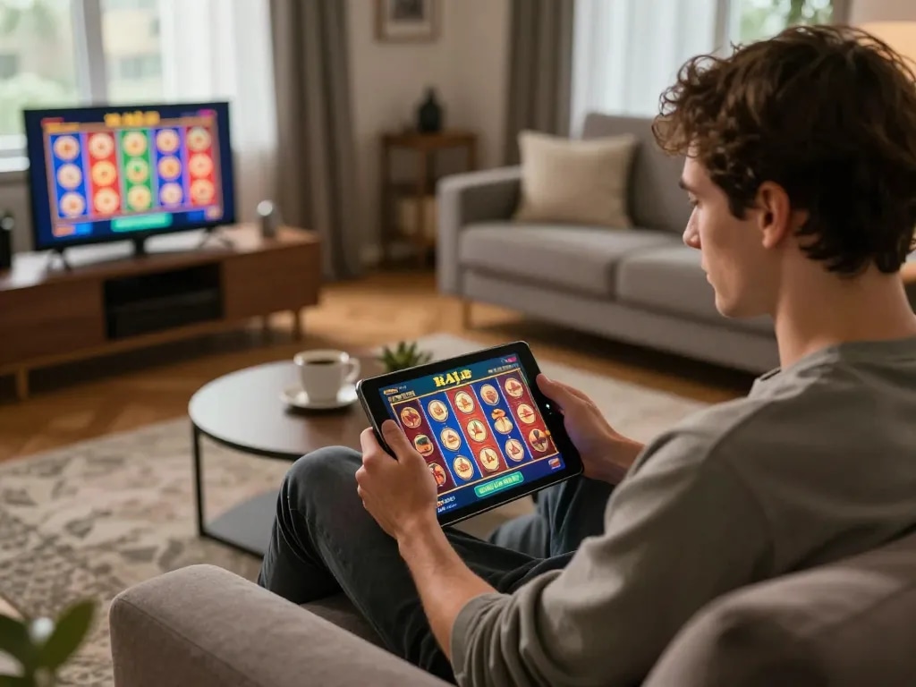Pemain yang terlibat menikmati permainan raja slot di tablet dalam suasana ruang tamu yang nyaman, menampilkan suasana permainan yang santai.