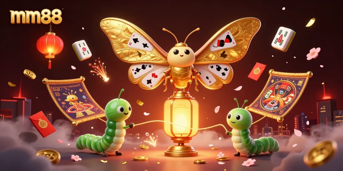 Experience mm88's world of luck with vibrant 3D illustration featuring golden casino elements and a majestic moth.
