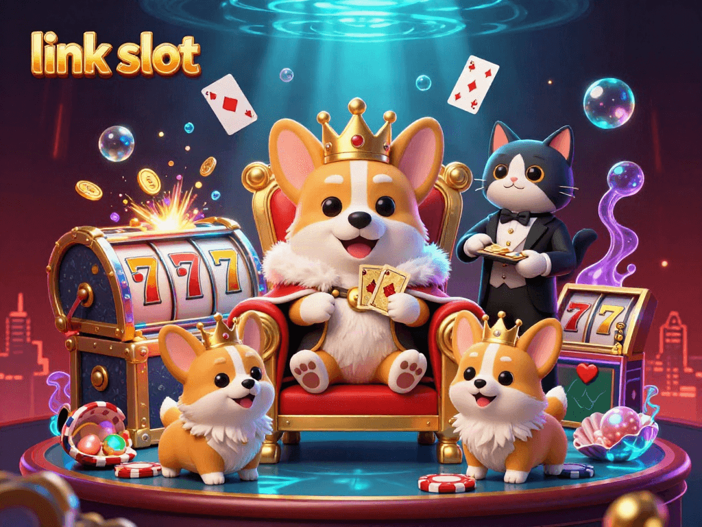Engage with the link slot experience through vibrant 3D illustration of a royal corgi and gaming elements.
