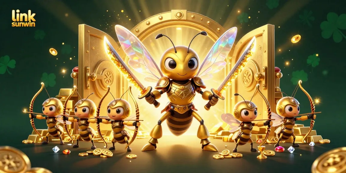 Engage in thrilling gameplay at link sunwin with exciting golden hornet samurai characters amidst a treasure-filled casino scene.