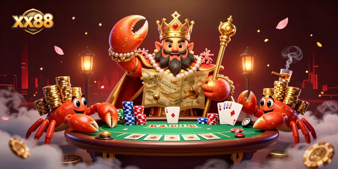Bet on big wins with xx88: A vibrant illustration of a golden crab emperor surrounded by poker elements.