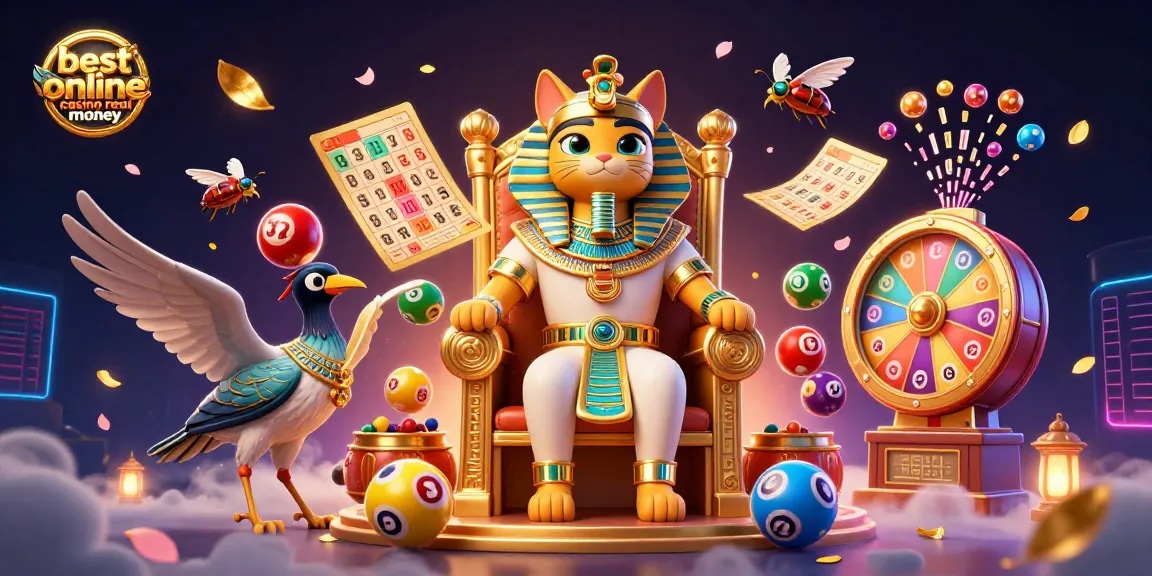 Engage in the best online casino real money experience with a vibrant illustration of a pharaoh cat and dynamic lottery elements.