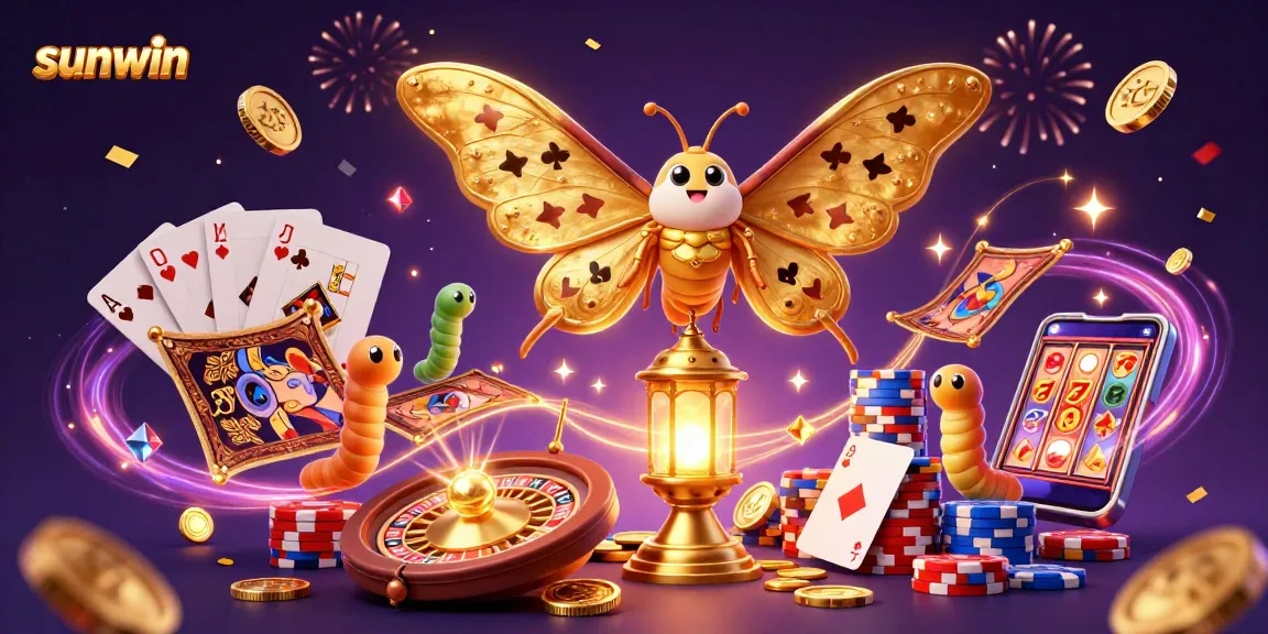 Experience sunwin with a dazzling 3D illustration of casino games, golden coins, and vibrant characters.