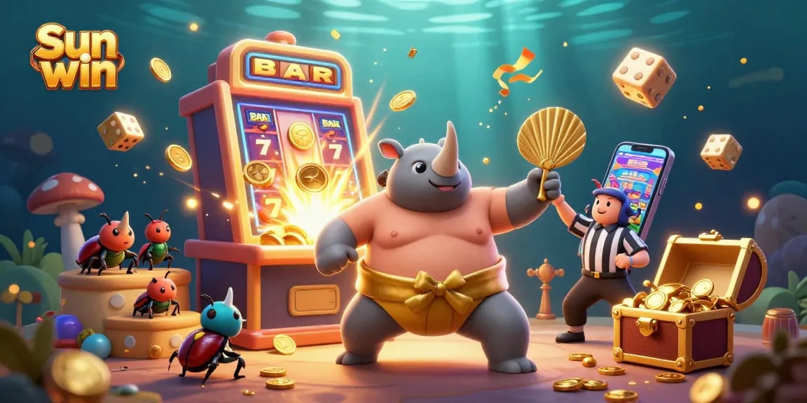 Engage with Sun win as the cartoon rhinoceros beetle champion commands the jackpot, surrounded by casino excitement.
