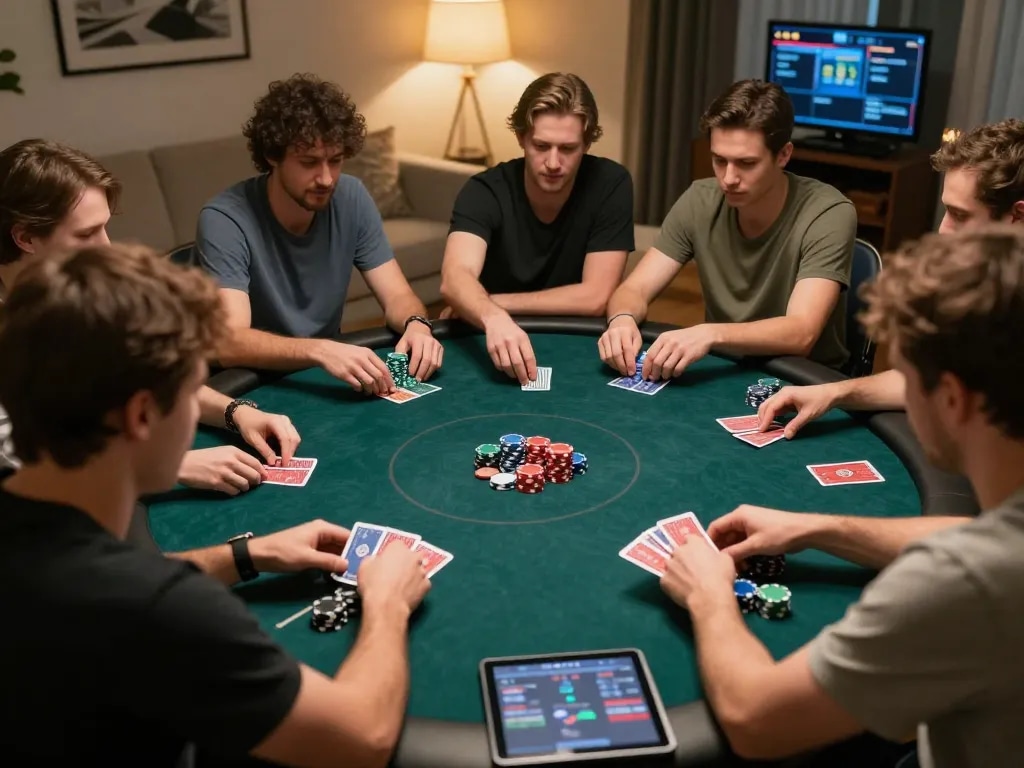Engaging online poker game scene showcasing game bài đổi thưởng with players focused on their hands and chips