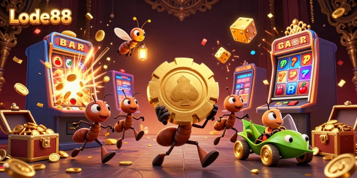 Lode88 features a dynamic 3D scene with ants on a heist and gambling elements like slots and poker chips.