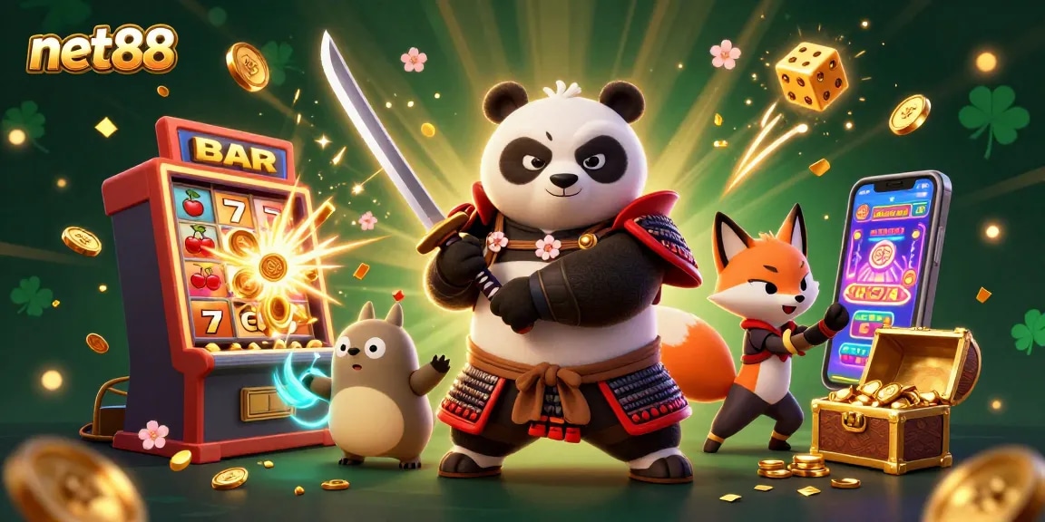 Experience thrilling gameplay at net88 with samurai panda and ninja fox amidst vibrant casino elements.