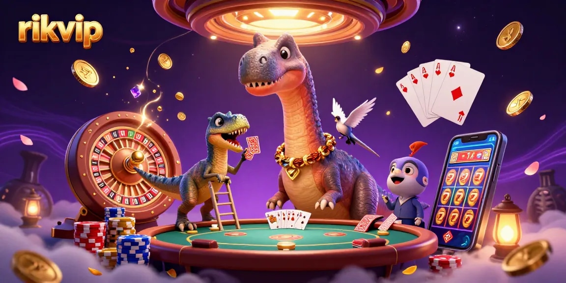 Engage with rikvip at our vibrant casino scene featuring tales of strategy with a brontosaurus and clever raptor.