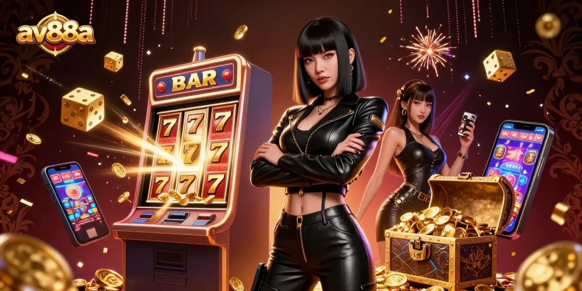 Experience excitement with av88a as golden coins burst from a 3D jackpot slot machine.