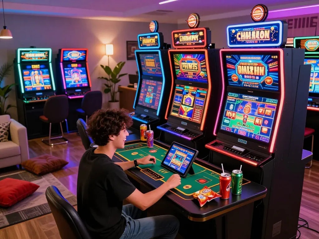 Experience the excitement of online gaming at f168 while enjoying a dynamic slot machine interface on multiple screens.