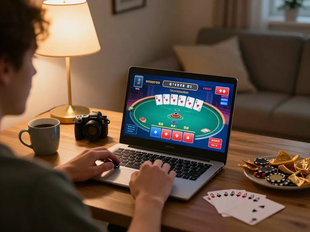 Player enjoying 23 win online poker game at home with engaging laptop interface and snacks.