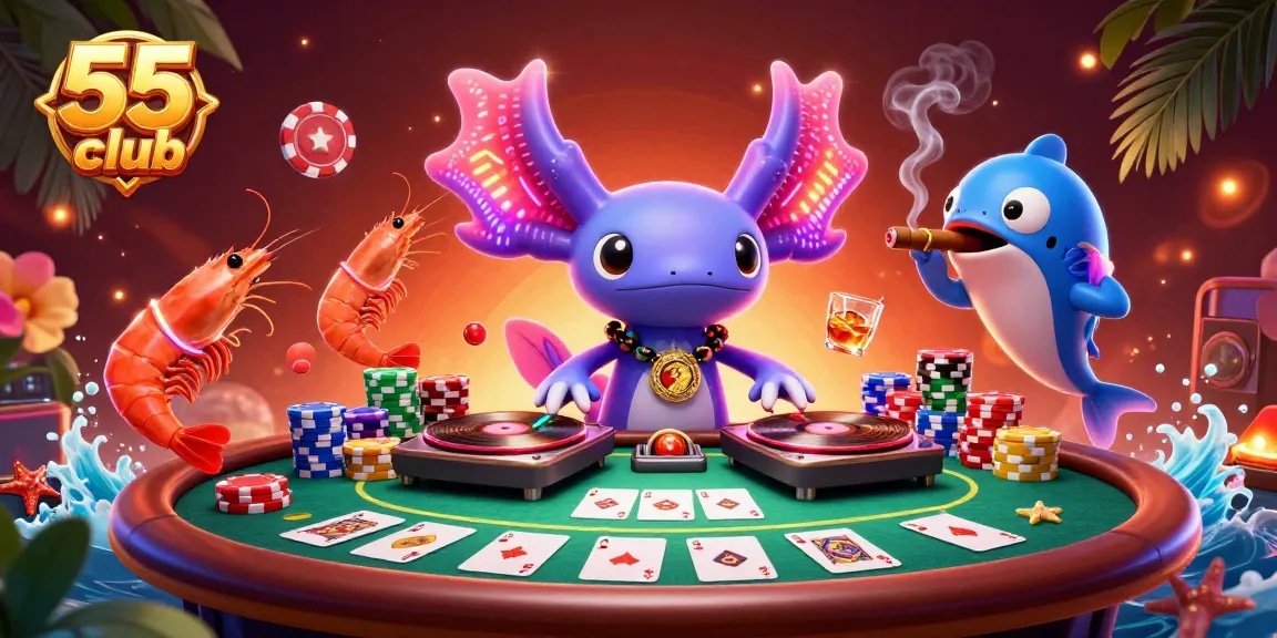 Experience the thrills of the 55 club with vibrant casino-themed 3D art featuring poker action and party elements.