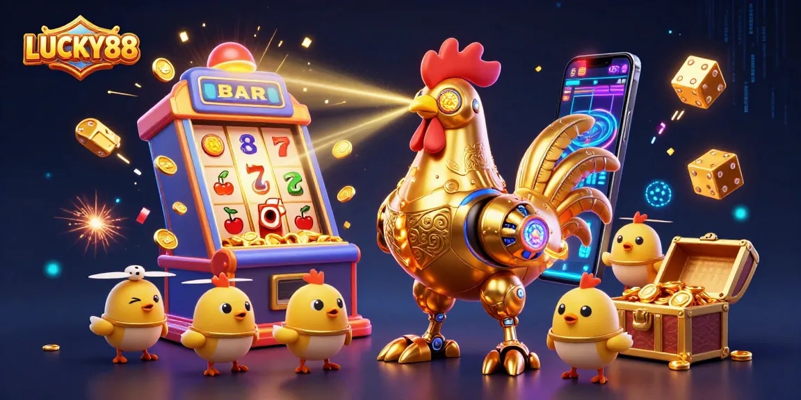 LUCKY88 showcases a golden rooster robot with fun baby chick drones amidst a jackpot explosion.