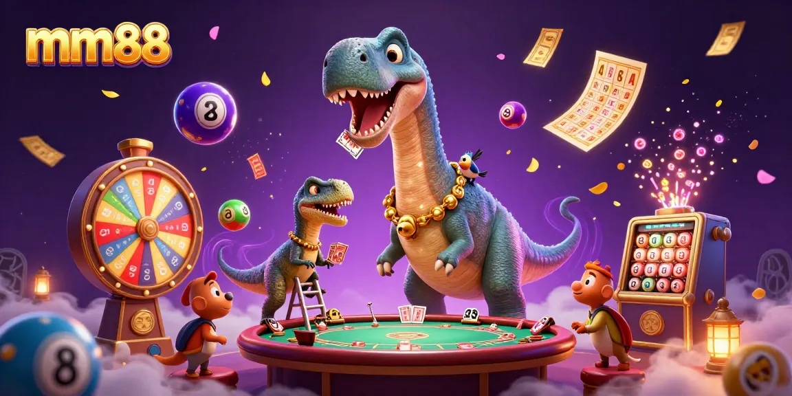 Engage in the thrilling mm88 casino experience with a whimsical scene of a dinosaur dealer and vibrant lottery elements.