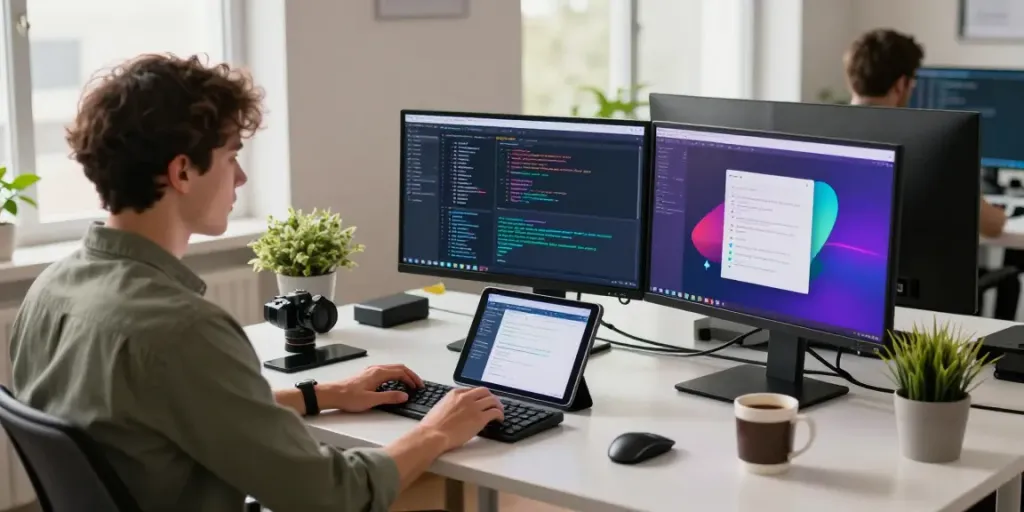 A dynamic workspace depicting a developer engaged in ggsoft daftar coding with multiple monitors, fostering a creative and productive atmosphere.