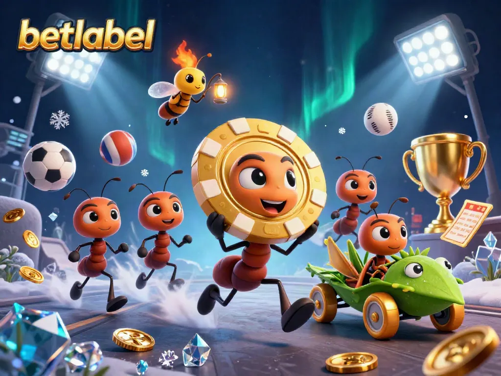 Betlabel features a heist scene with ants and golden poker chip amidst sports elements.