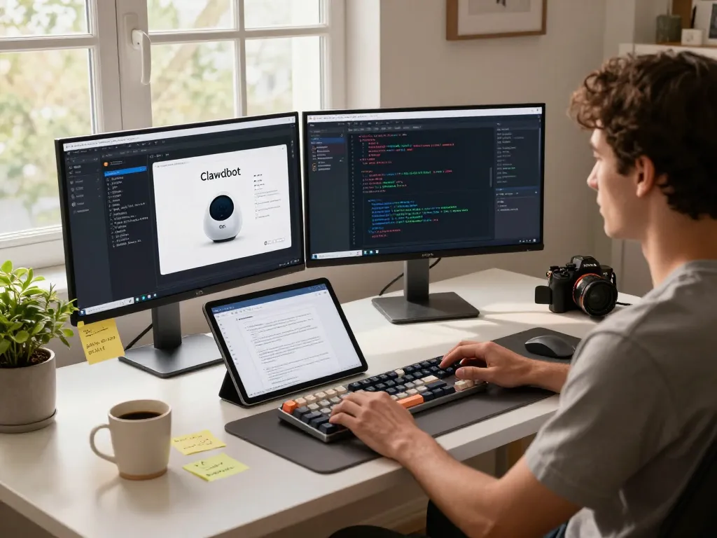 Developer installing Clawdbot AI assistant in a modern home office setup with multiple screens and cozy decor.