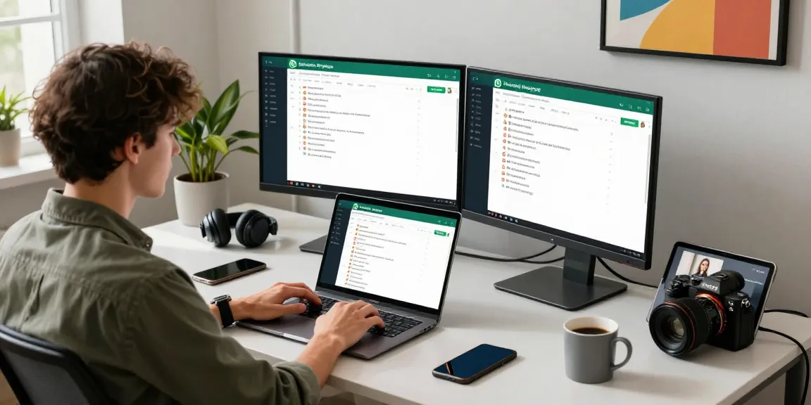Individual focused on using WhatsApp網頁版 in a modern tech workspace.
