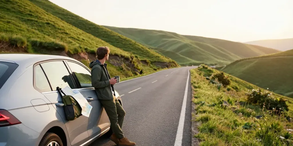 Noleggio lungo termine Volkswagen in un paesaggio sereno con colline verdi e un’auto parcheggiata.