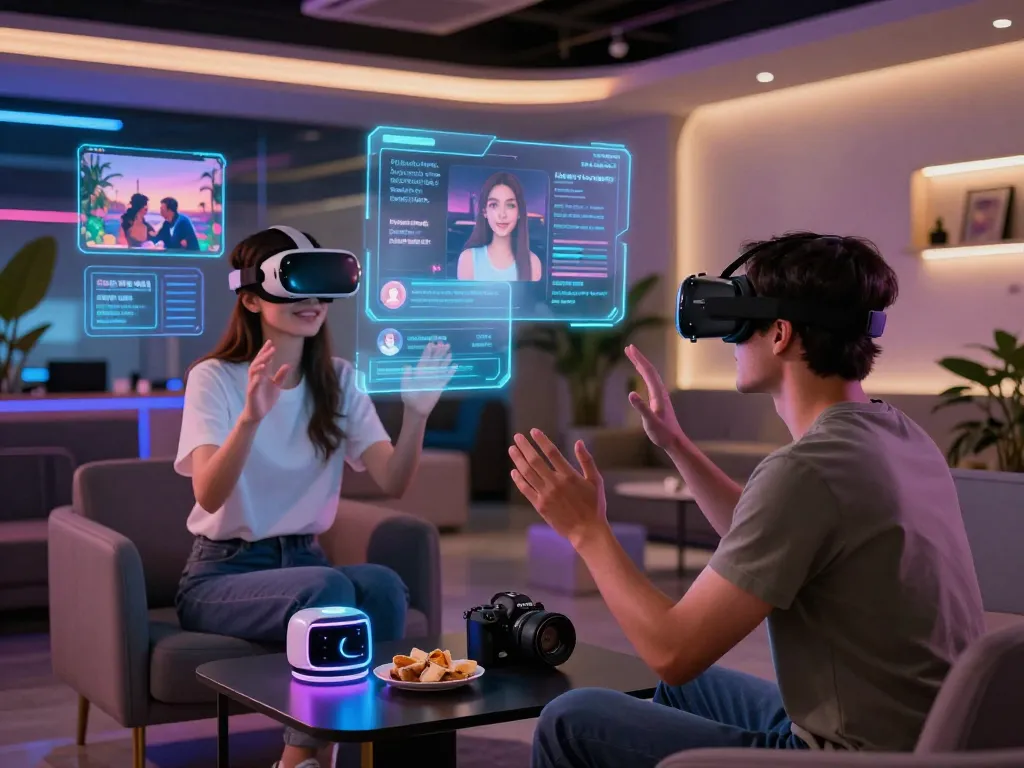 Couple enjoying an AI sex virtual reality experience in a modern lounge.