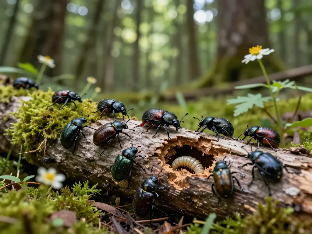 Coleotteri del legno che si nutrono di un tronco in una foresta lussureggiante, evidenziando dettagli sul ciclo di vita e sull'ecosistema naturale