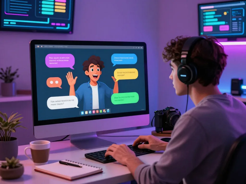 Engaging character ai nsfw interaction with lively chat bubbles in a modern workspace, showcasing playful AI dialogue and creativity.