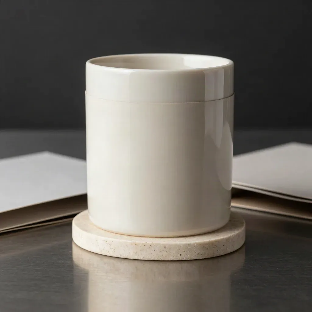Packaging prodotto in ceramica avorio su base di pietra, stile premium e minimale