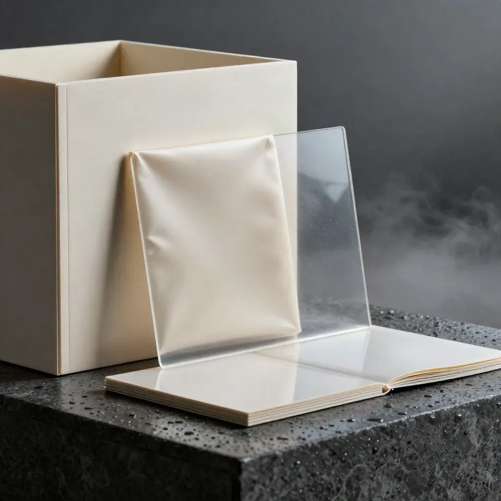 Maquette architettonica avorio, mockup sigillato e lastre acetate su pietra scura, luce blue hour.