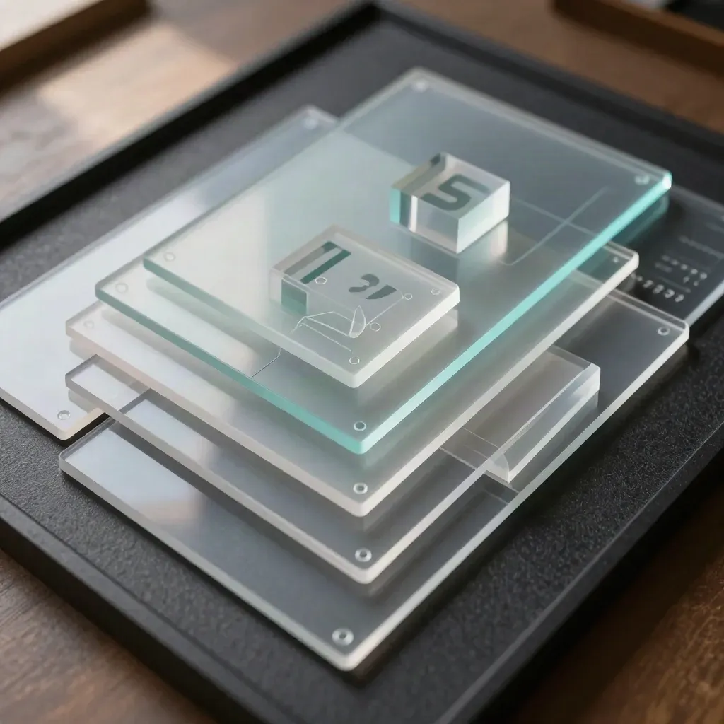 Card traslucide con moduli dati geometrici e accenti ciano, viste dall’alto su fondo grafite.