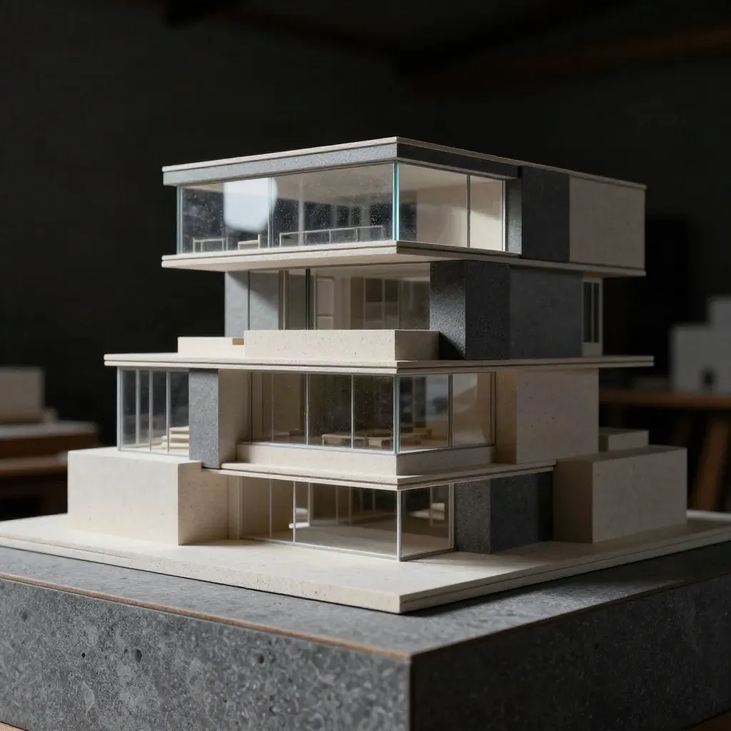 Modello architettonico 3D in gesso e vetro fumé con campioni di pietra.