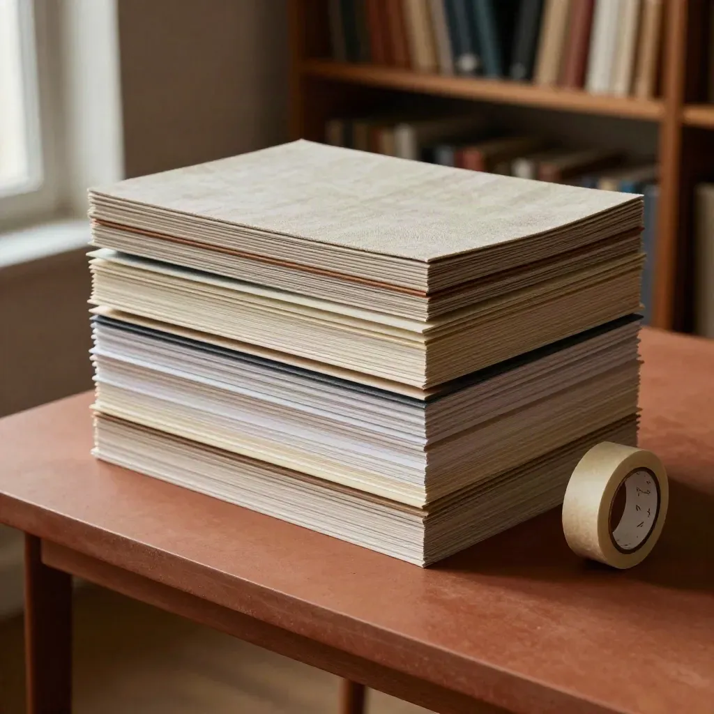 Pila di board per pitch deck in lino con campioni carta premium, su plinto in terracotta, luce morbida.
