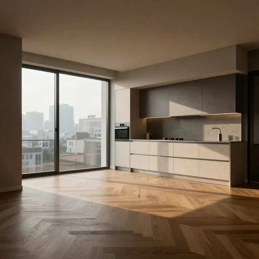 Appartamento vuoto premium con parquet rovere e cucina immacolata, luce del mattino alle grandi vetrate.