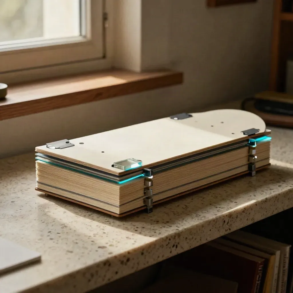 Stack di slide-board premium su banco in travertino con luce calda e dettaglio ciano.