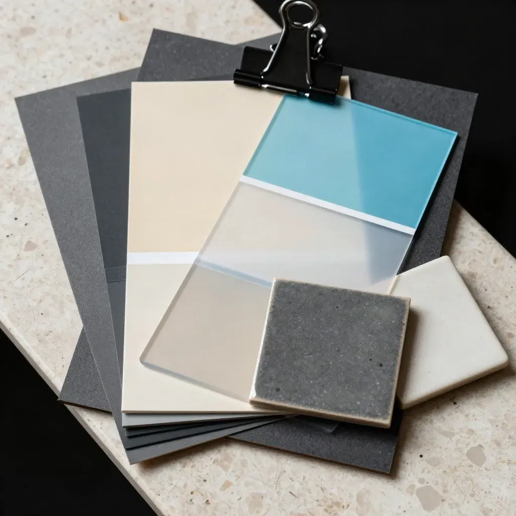Campioni colore, clip nere e piastrelle ceramiche in macro con accento ciano.